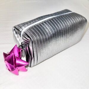 MAC Cosmetics Shiny Bag Silver Travel Make Up Pouch Bag with Bow Zipper